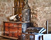Christmas Sale Vintage Woodworking Bench Photograph, Rustic Lantern, Country Home Decor, Primitive, Red, Brown, Brick, Bench