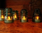 Vintage Industrial Glass Insulator Tea Lights - 5 Blue/Blue-Green Glass Insulators with 5 LED Tea Lights - Great for Gift or Mood Lighting