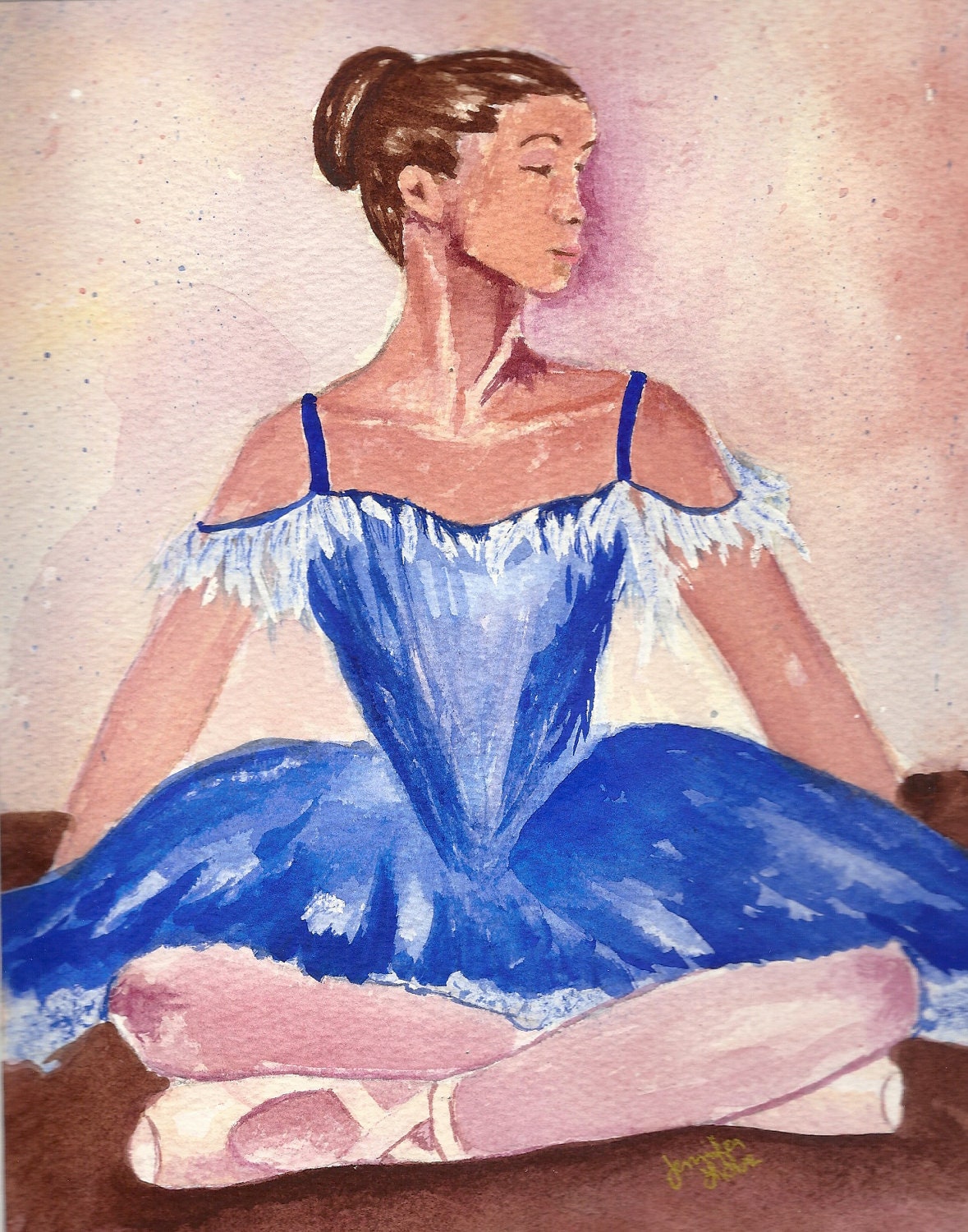 ORIGINAL Watercolor - Jennifer Love Artwork ballet dancer blue painting 10 x 8  OOAK sfa EBSQ