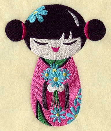 Kokeshi Japanese Geisha with Flower Bouquet - Embroidered Decorative Linen Kitchen Towel or Absorbent White Cotton Flour Sack Towel
