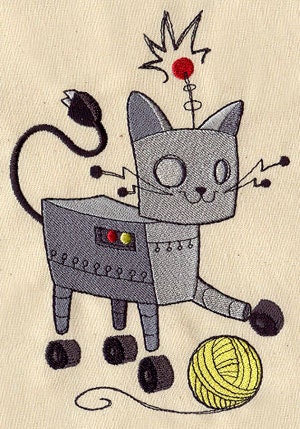 Robot Kitty - Embroidered Decorative Linen Kitchen Dish Towel or Absorbent White Cotton Flour Sack Towel