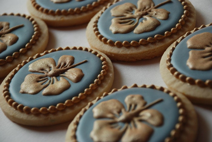 Elegant Blue & Gold Hibiscus Cookies - One Dozen Decorated Sugar Cookies