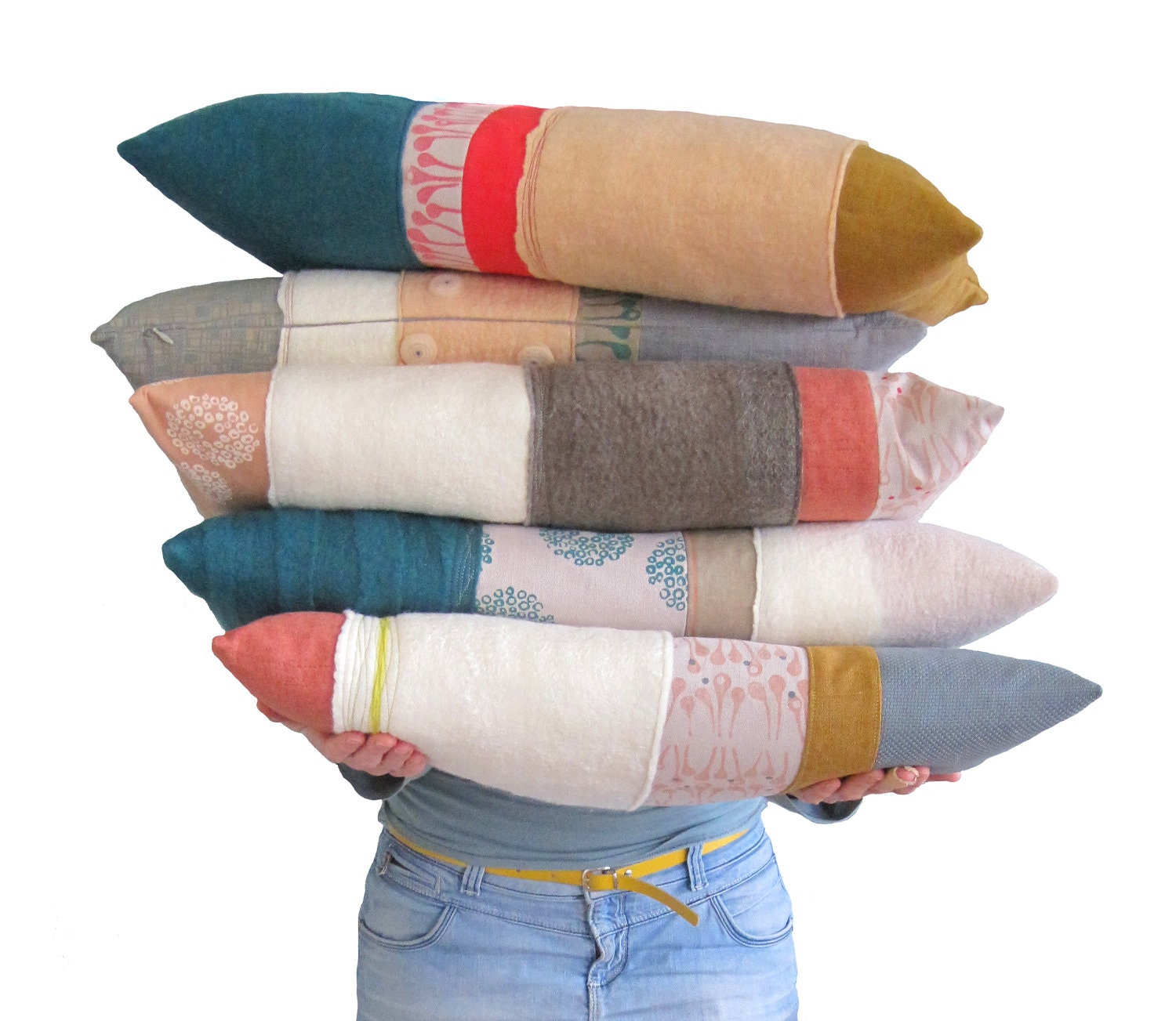 Landscape cushion of wool felt and handprinted designs based on Dutch landscapes