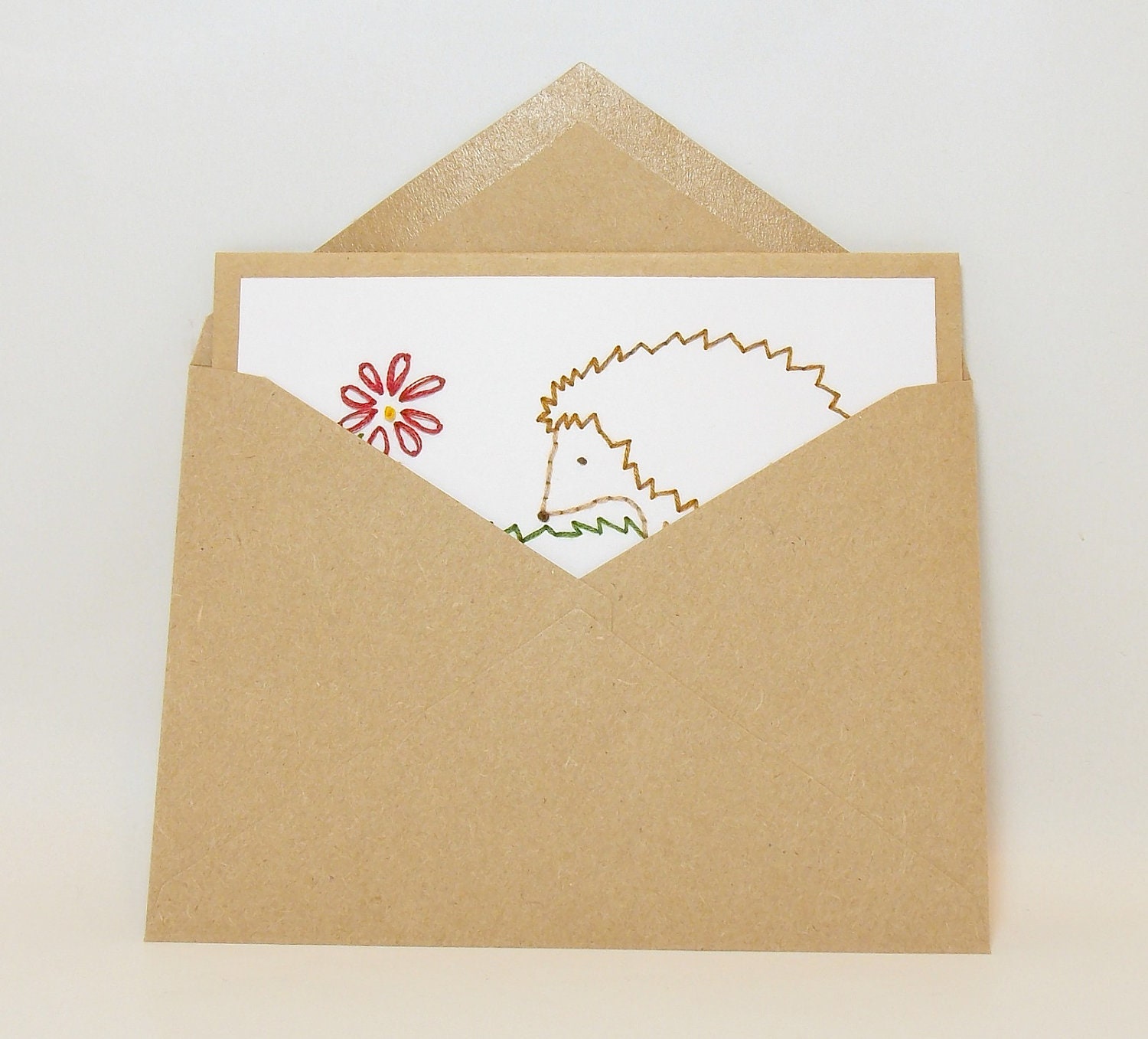 Hedgehog Greeting Card Choose your Message Birthday Customizable Hand Embroidered Red Flower