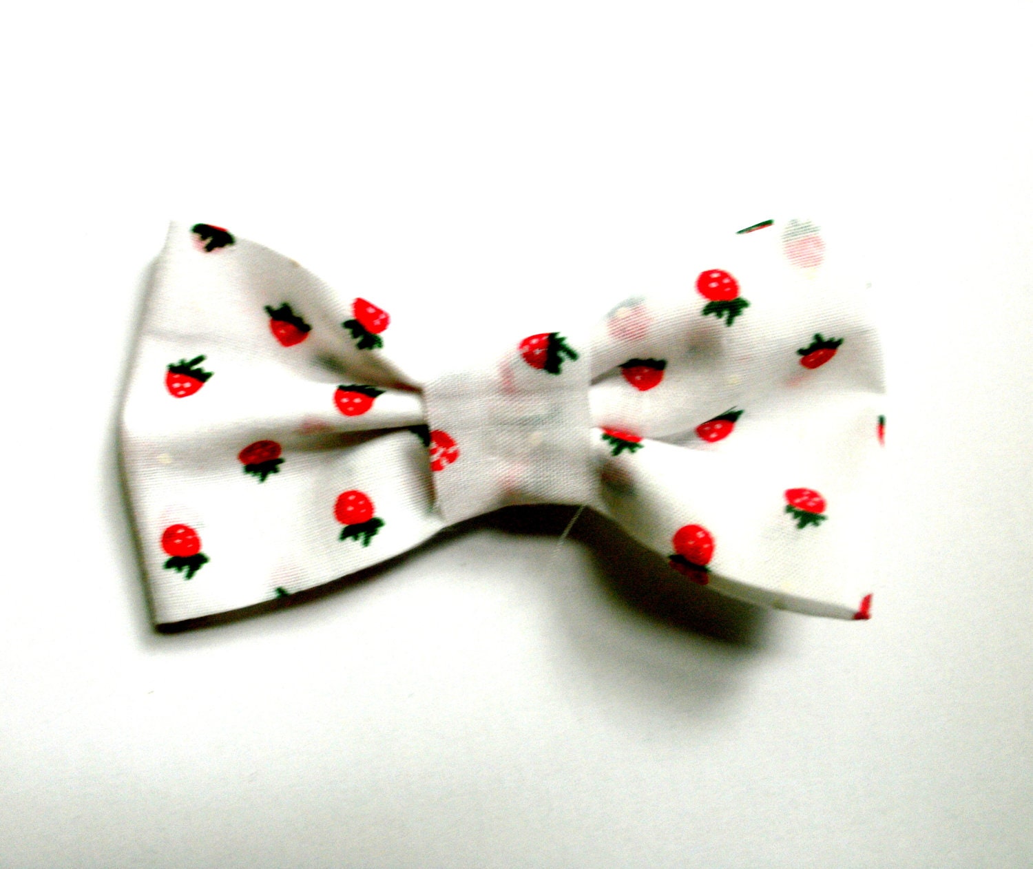 Strawberry Print Bow Hair Clip Slide White and Red Fabric