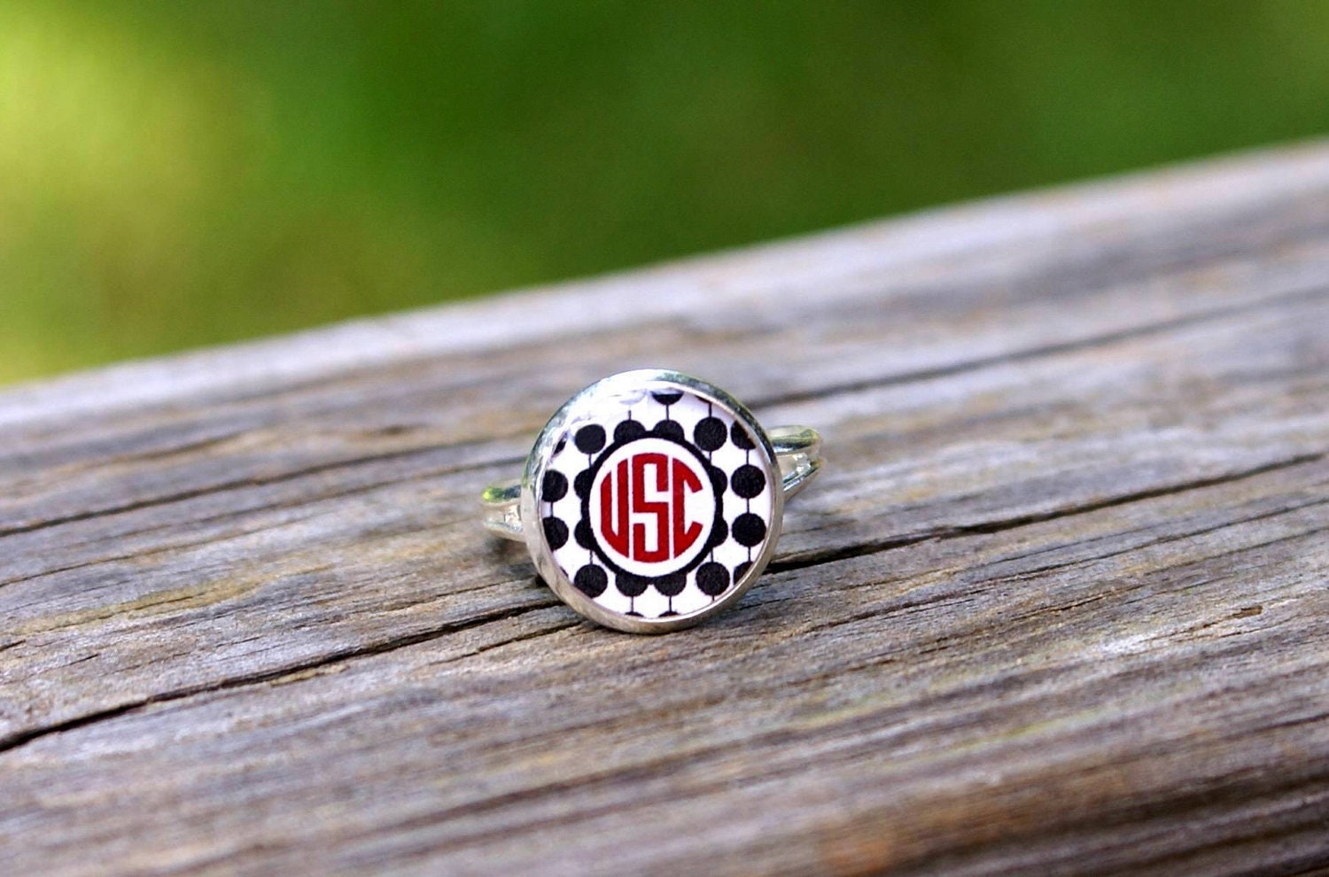 USC Gamecock Ring Silver Plate Adjustable Garnet And Black Monogram College University of South Carolina SEC Football