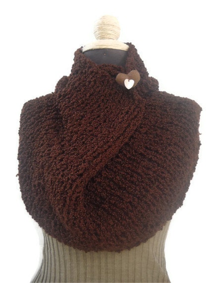 FREE-SHIPPING - Chocolate Brown Knitted Soft Scarf Cowl Neckwarmer  Warm Winter Heart pillow OOAK