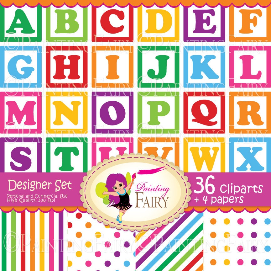 Digital clipart Alphabet Numbers blocks Baby blocks Rainbow striped papers Fun colorful paper pack DIY Personal & Commercial Use pf00039-1