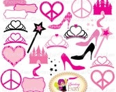 Princess Accessories Clipart Tiara Castle Peace Love Heart Glass Slipper Magic wand Fancy label Clip art Pink Black Digital images pf00035-4