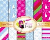 Xmas Christmas tree Digital Paper pack Red Green Pink papers snowfall background Christmas snowflakes Xmas digital wrapping paper pf00053-2