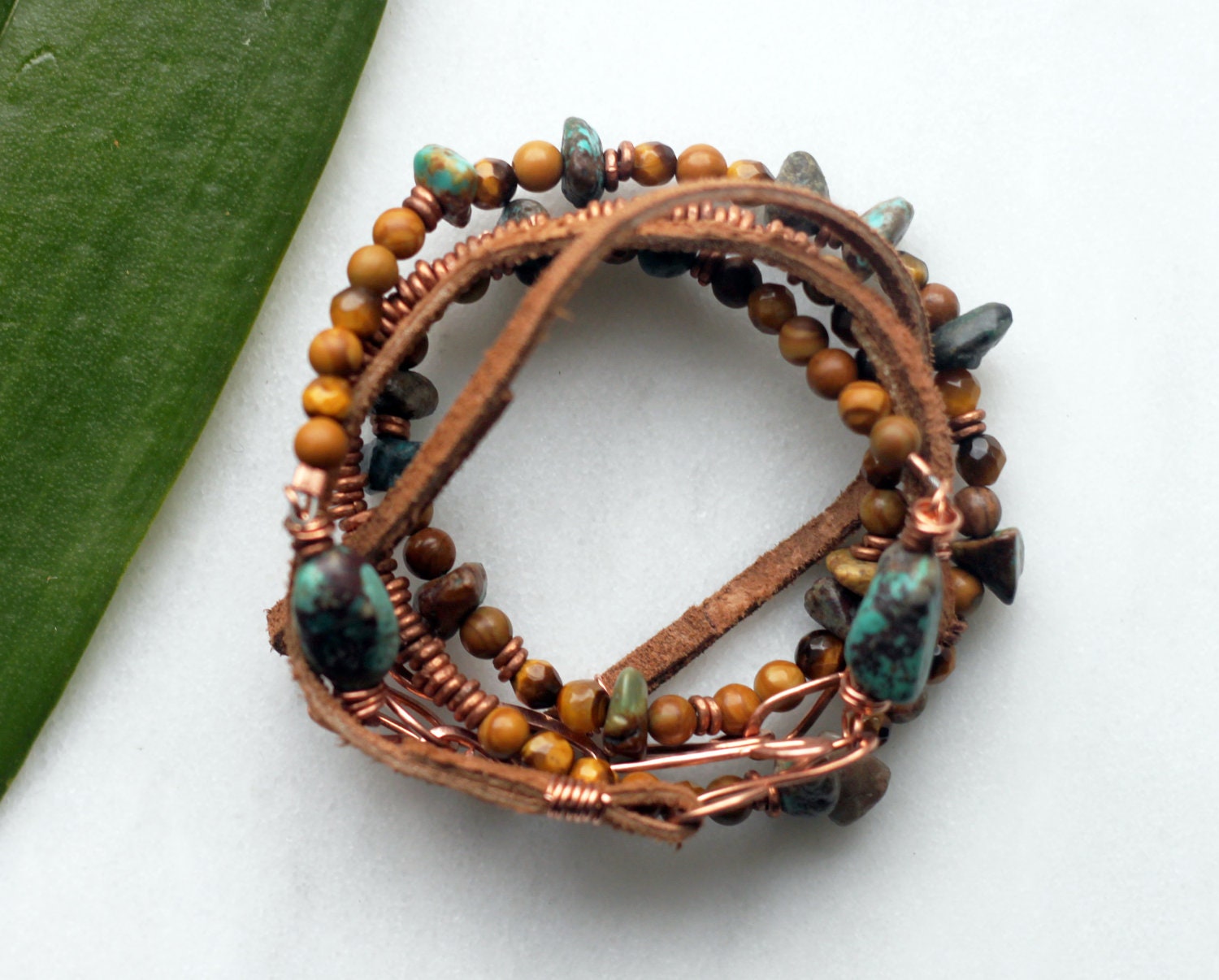 Leather Turquoise Bracelet, Chunky Bracelet , Suede Bracelet, Wire Wrapped Jewelry, Handmade Jewelry, Copper Jewelry, Bohemian Jewelry