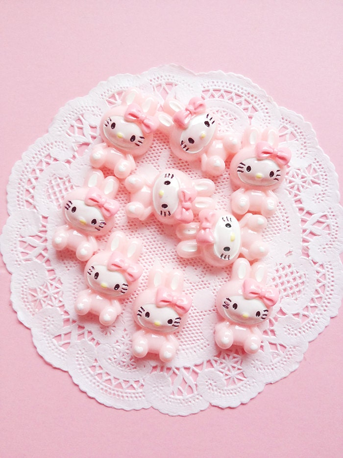 Cute Kawaii Pink Bunny Kitty Cabochon 6pcs