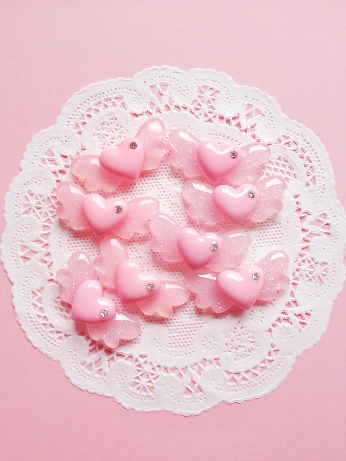 Kawaii Sparkling Pink Winged Hearts Cabochons 6st