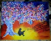 Colorful painting of a girl reading under a cherry blossom tree with quote
