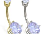 14K Solid Gold double jeweled topaz stone belly ring, Yellow or White gold. Free Shipping