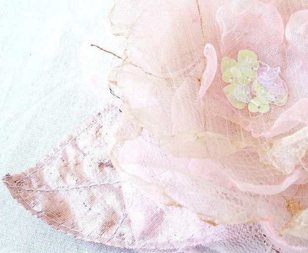 Wedding Hair Clip Pastel Pink Fairytale Organza Flower with Metalic Pink Leaves and Heart Sequin Centre by FairytaleFlower