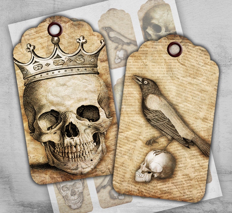 Digital Collage Sheet - Gift Tags - Skull Labels - Scary Printable Images - Instant Download - Paper Goods - SKULL LABELS