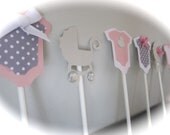 Mini Onesie Cupcake cake toppers baby shower decoration and baby carriage stroller toppers BABY GIRL pink grey white