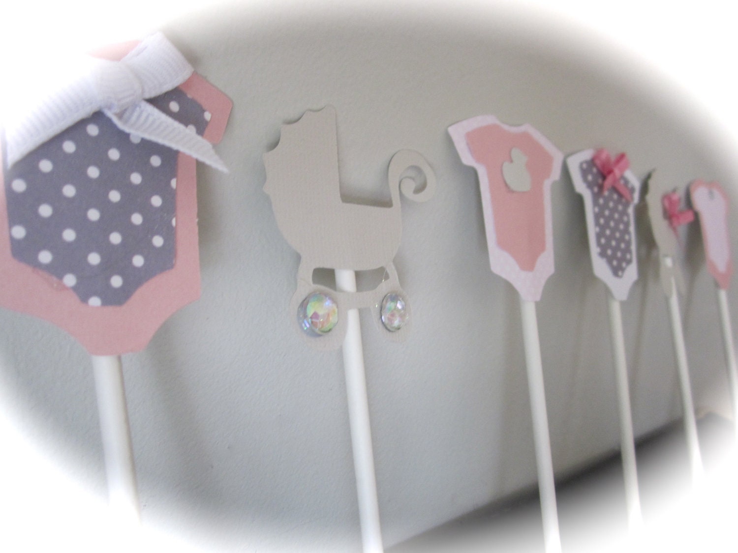 Mini Onesie Cupcake cake toppers baby shower decoration and baby carriage stroller toppers BABY GIRL pink grey white