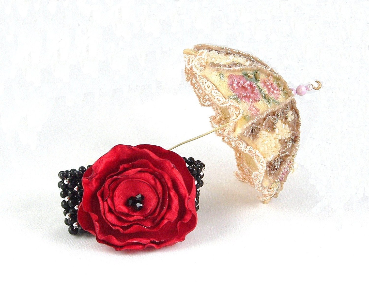 Red Flower Fabric Bracelet, Unique Jewelry