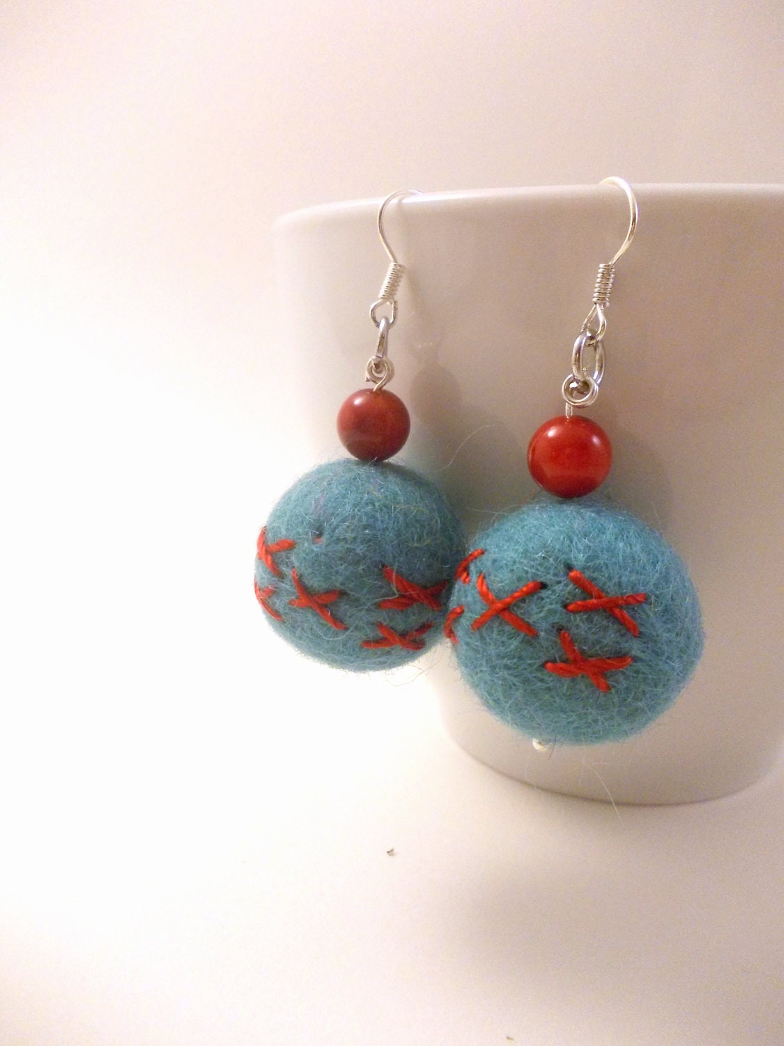 Blue Red Felted Earrings, Embroidered Blue and Red Felted Wool Beaded Dangle Earrings, Large Felt Beads - EfZinCreations
