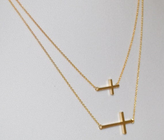 SALE- Double Sideway Cross Necklace- CELEBRITY INSPIRED- Cross Gold Necklace- Ships Now