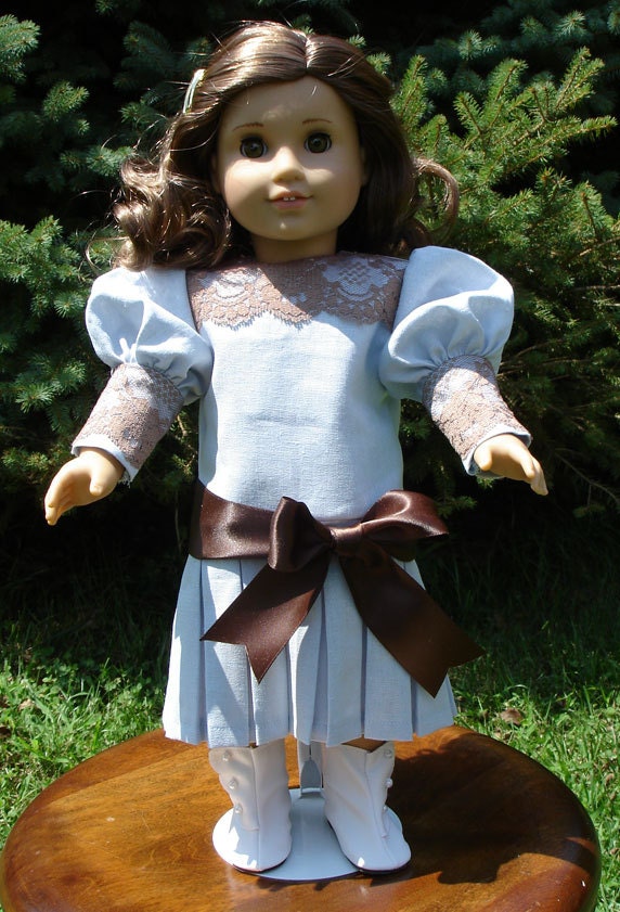 Titanic Era Blue Linen Brown Lace Dress fits American Girl Rebecca and other 18 inch dolls