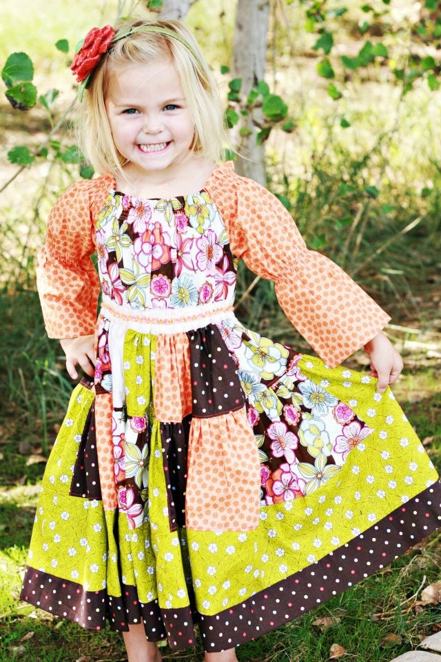 Tangerine - Apple Green - Chocolate Patchwork Twirl Dress - Sizes 4 - 5 - 6