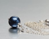 Single Pearl Charm Pendant Necklace - Navy Blue Glass Pearl and Sterling Silver Charm or Pendant on Silver Filled Chain