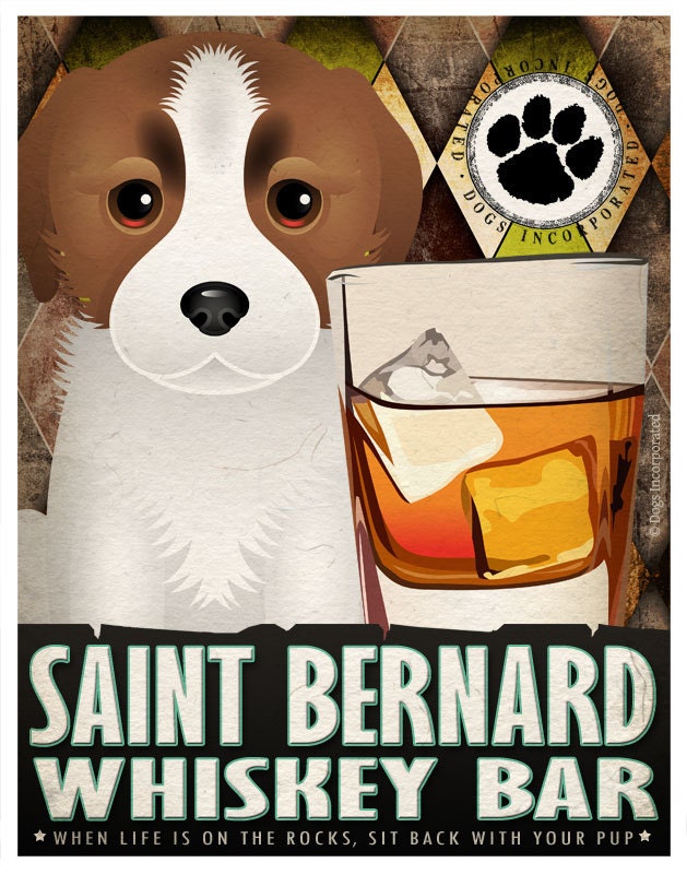 St Bernard Print Drinking Dogs Original Art Poster Print - Personalized Dog Art -11x14- Customize with Your Dog's Name - Dogs Incorporated