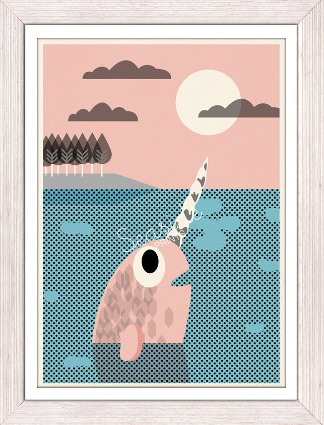 Nursery wall Art Print - Narwal - Sea animal illustration wall decor - Nursery room modern decoration-