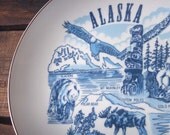 vintage alaska state plate, collectible plate, souvenir plate, glaciers, Mt. McKinley, totem poles, gold panning, polar bear, moose