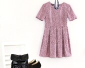 PETITES - XS. or S. High Waisted Pleated Purple Print Dress with Short Sleeves