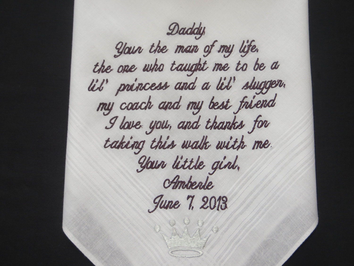 Personalized Wedding Handkerchief for your Dad...................... Free Gift Box.........Crown or Princess design