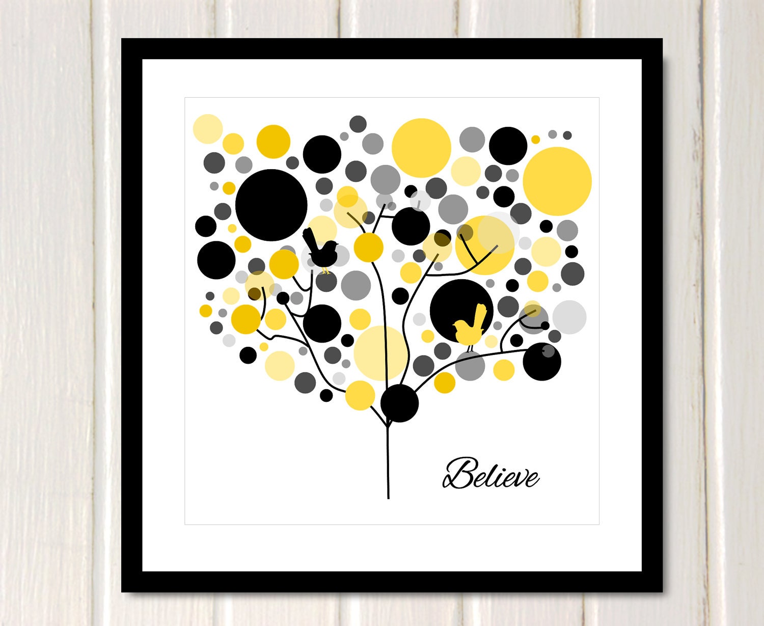 Fine Wall Art Poster Print -Tree Bubbles Believe-12 x 12 Inspirational Typography poster print quote- Black Yellow Birds