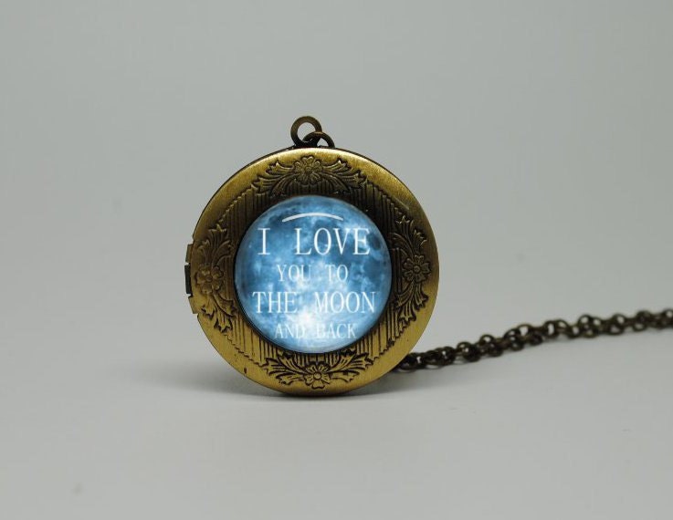 Vintage Style Glass Locket Necklace with I Love You to the Moon and Back