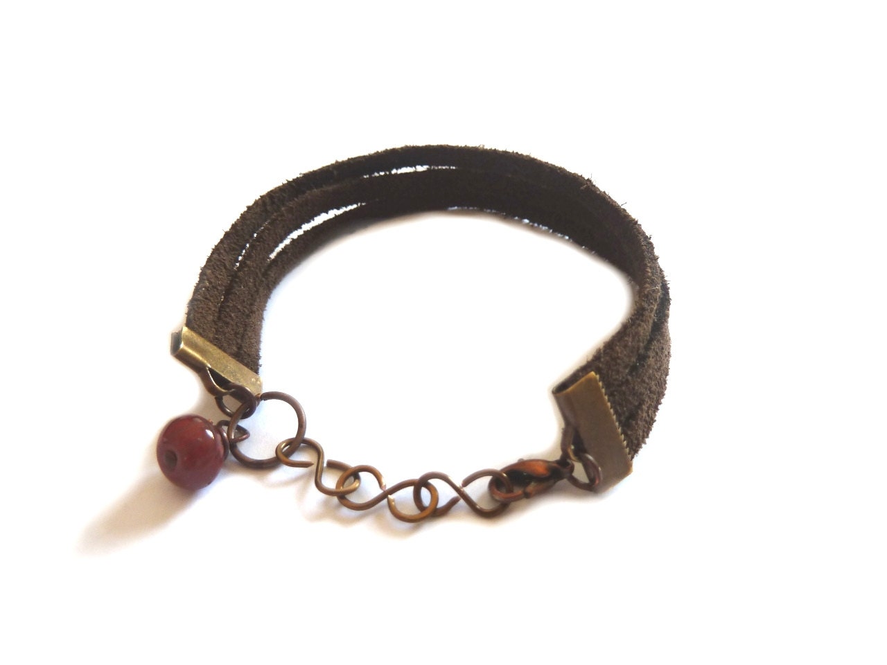 Dark brown ultra suede bracelet with red burgundy glass pearl - leather bracelet - unisex bracelet
