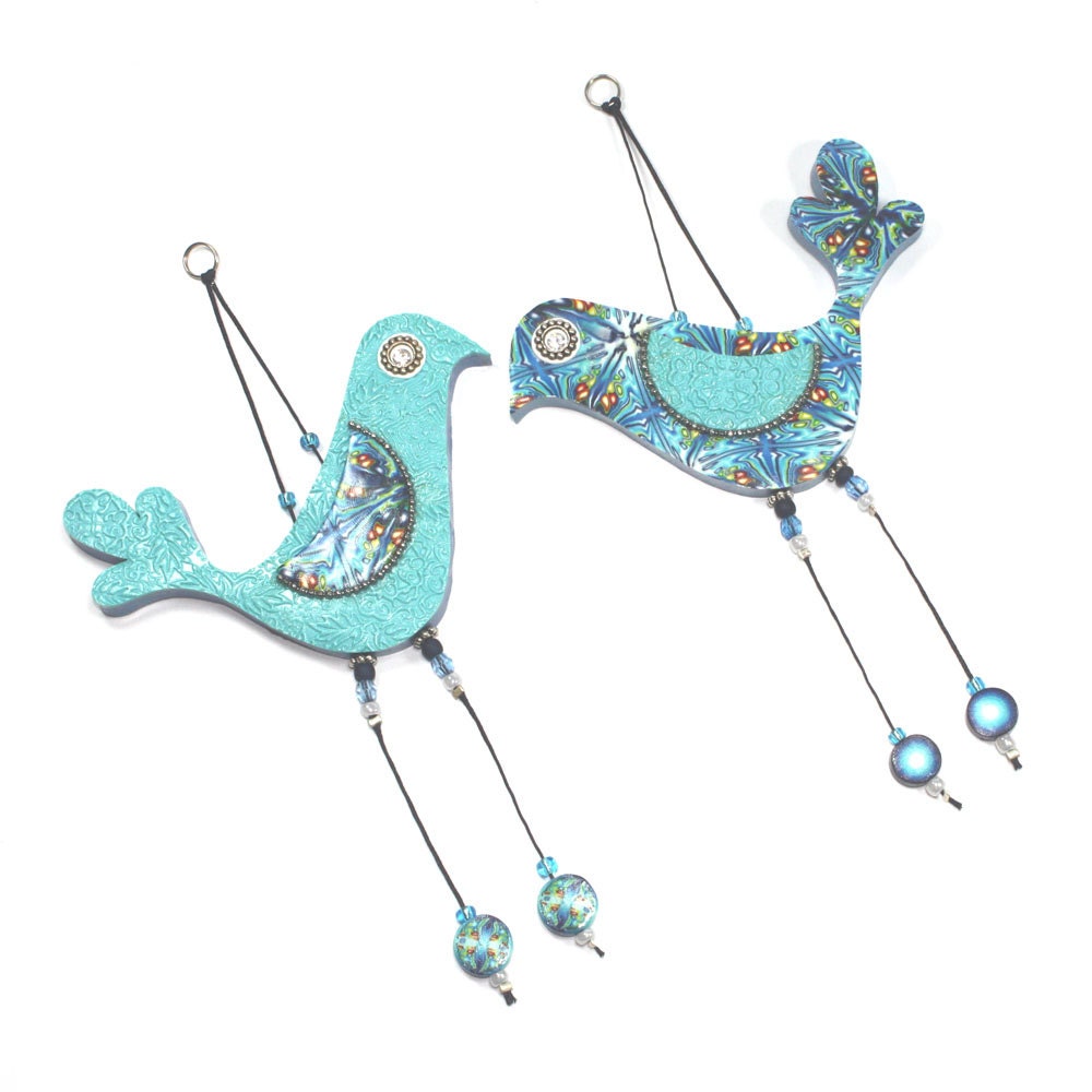 Wedding gift, wall decor love birds, Handmade love birds, Polymer clay birds, Bird couple with Blue, Turquoise, Green and White, A pair