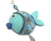 Wall decor fish, lucky fish, fish of fortune, Polymer clay handmade fish in blue, turquoise, green, white and silver