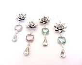 Silver Flower Earrings, Lotus Flower Dangle Earrings, Vintage Crystal Teardrop, Pink & Blue Cubic Zirconia's, CZ