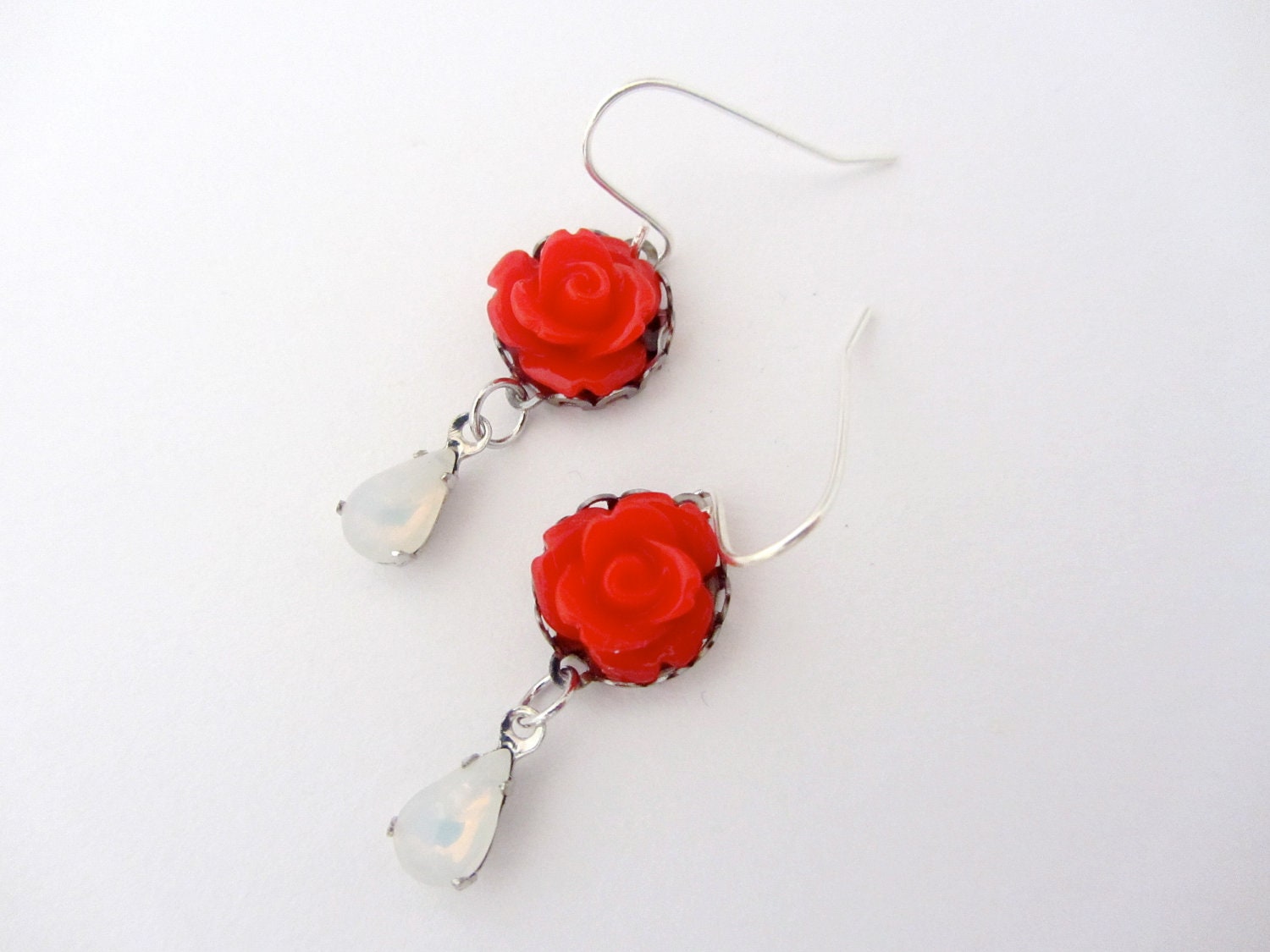 Red Rose Earrings, Vintage Opal Teardrop, Dangle Earrings, Flower Earrings