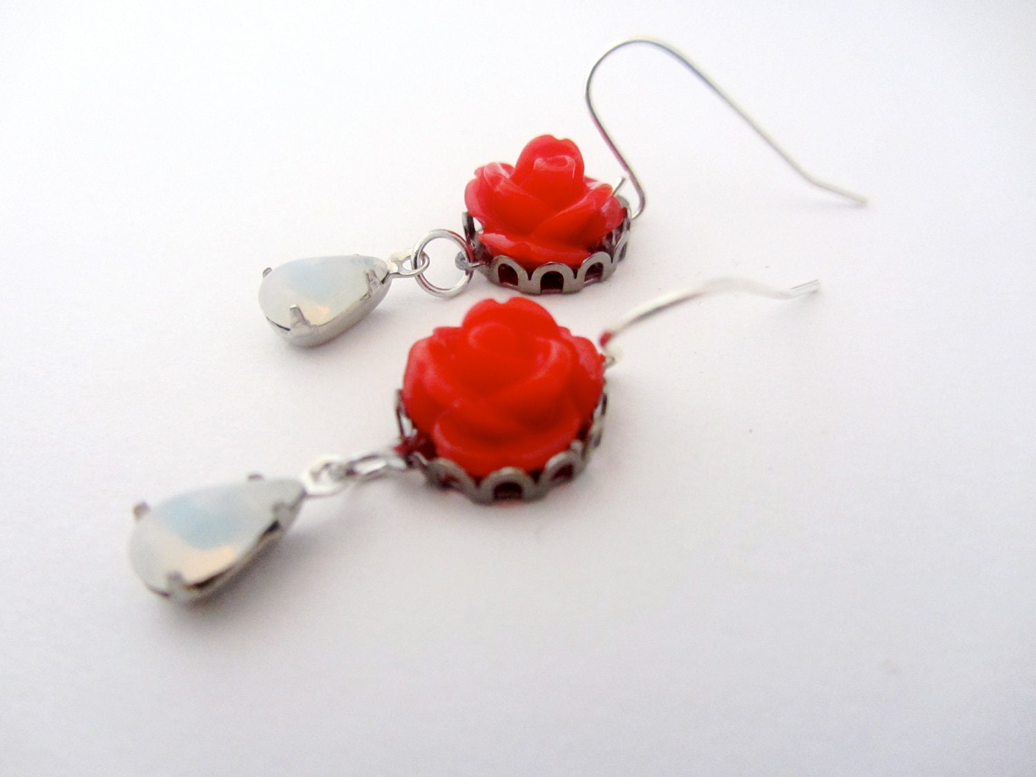 Red Rose Earrings, Vintage Opal Teardrop, Dangle Earrings, Flower Earrings