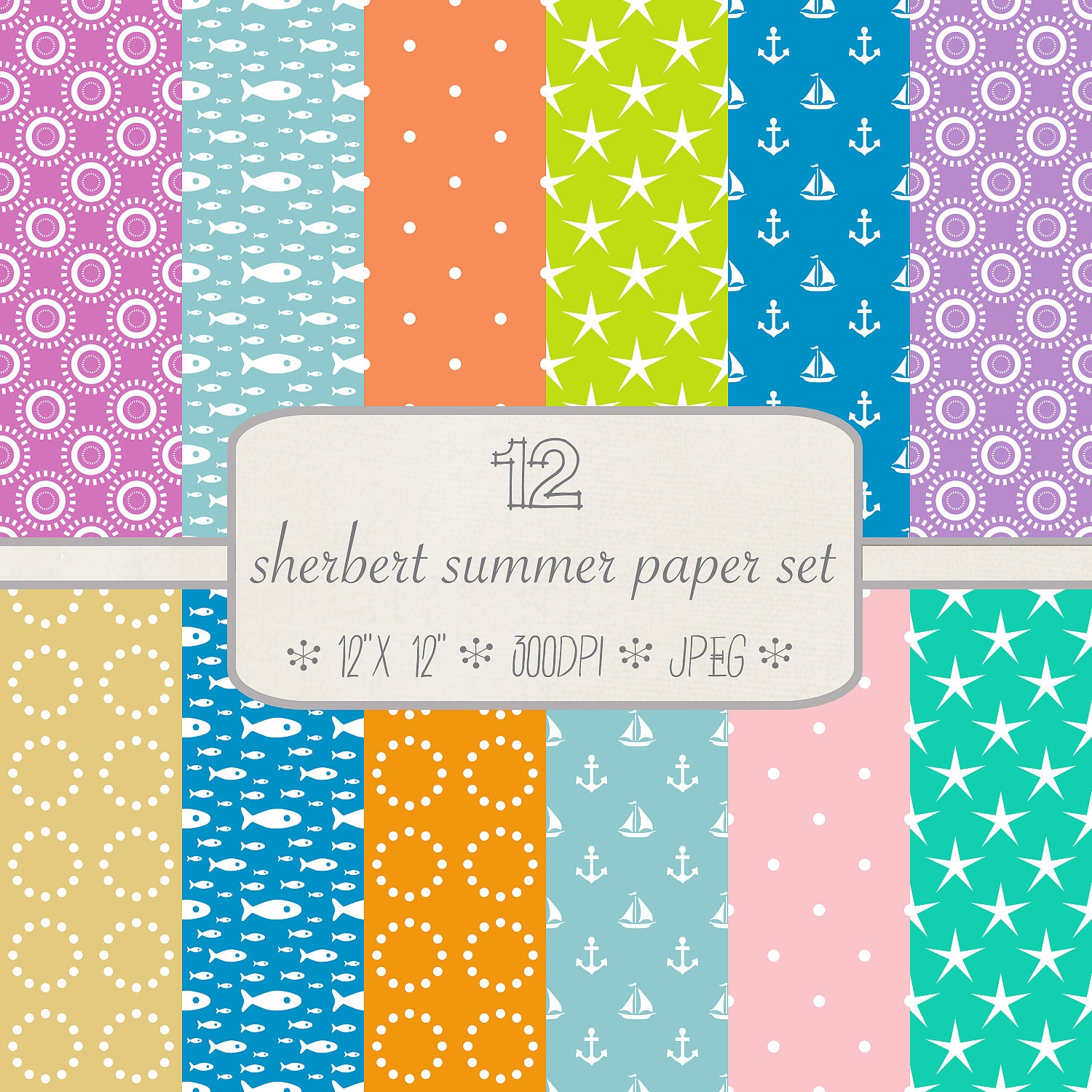 Digital Scrapbook Papers // Summer Papers // Starfish, Sailboats, Seashells, Fish // 12x12 Paper Il_170x135