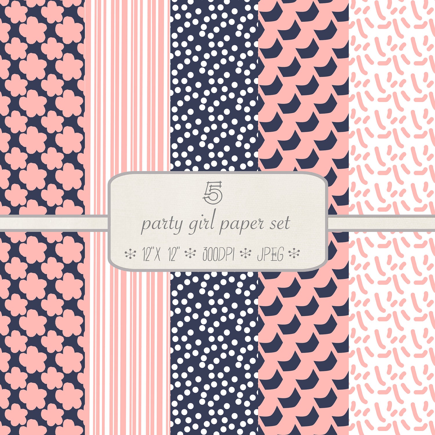 Patterned Digital Paper Pack // Party Girl // 5 pieces // jpeg files // 300 DPI // Instant Download Il_170x135