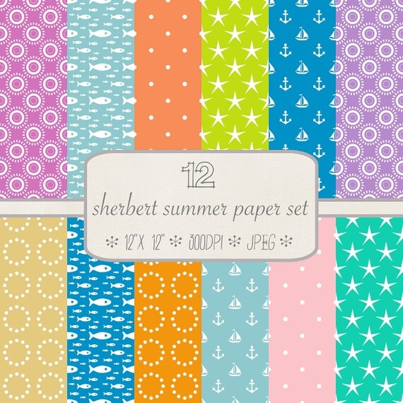 Patterned Digital Paper Pack // Sherbert Summer // 12 pieces // jpeg files // 300 DPI // Instant Download Il_570xn