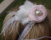 vintage upcycled pink fabric flower easter headband photo prop blush pink feather pearl rhinestone clip fabric flower girl bride bridesmaid