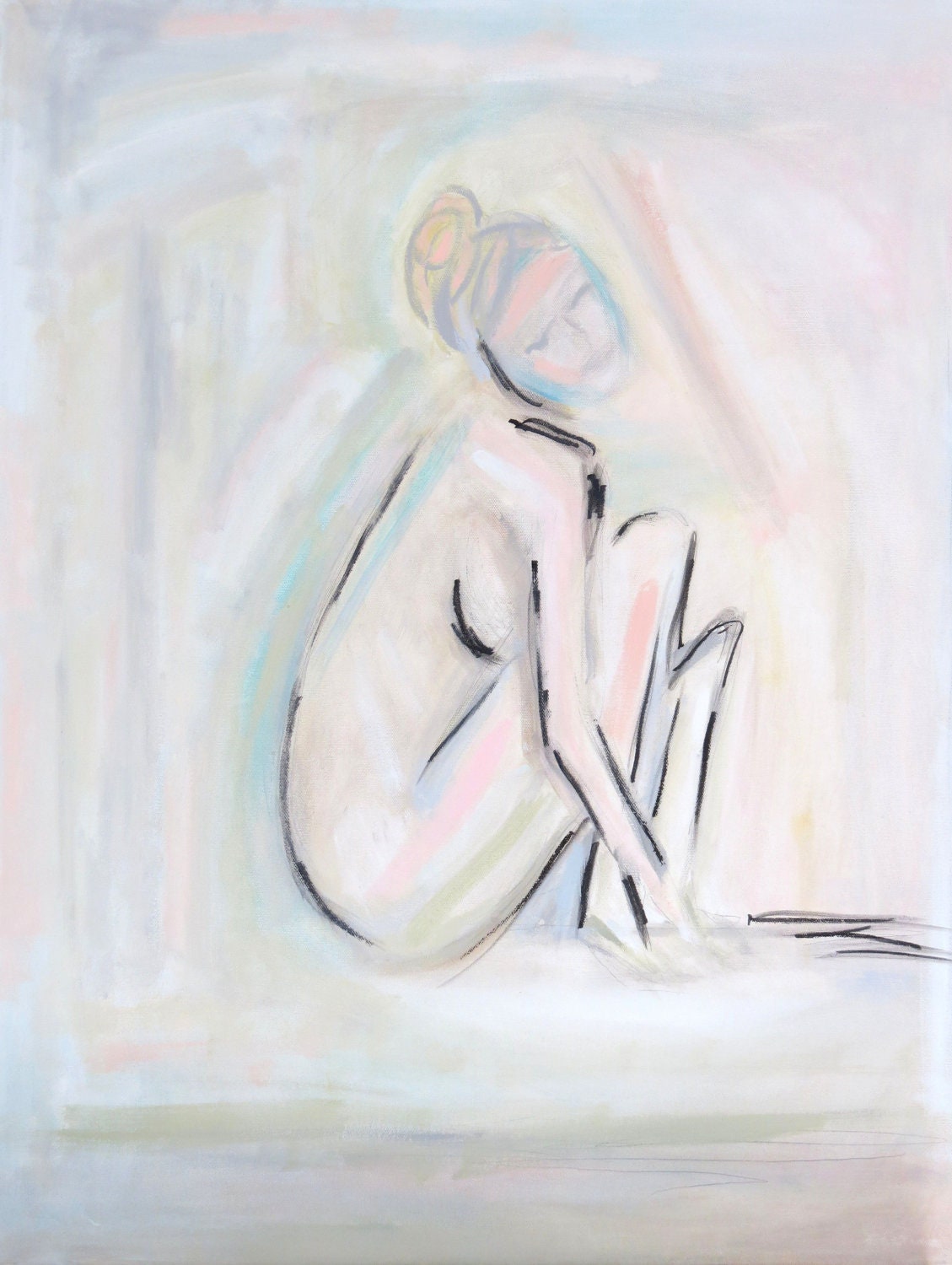 Original Painting "A Window of Innocence"  30x24 Painting on Canvas. Elegant Nude with Blues, Pinks, Green & Beige ART