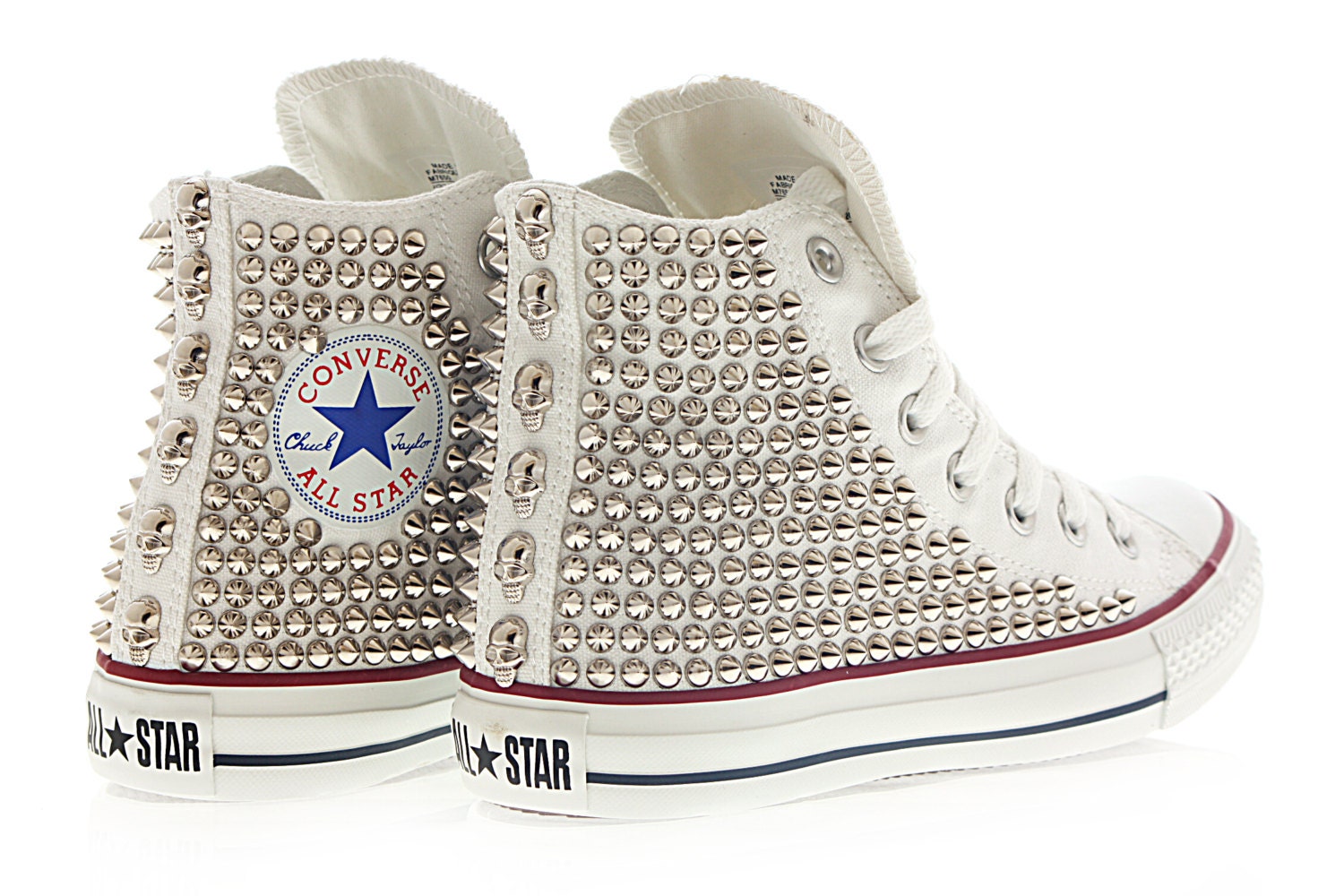 Studded Converse, Silver Cone Studs with white converse  by CUSTOMDUO
