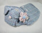 Small dog clothes Girl dog tweed coat Blue boucle tweed coat with pink tweedy flower brooch and cotton lining (size: SL)