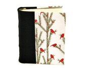 Quarter Leather Journal Handbound on Cords - Red Birds on Green Trees - Black Leather - First Anniversary Paper Gift